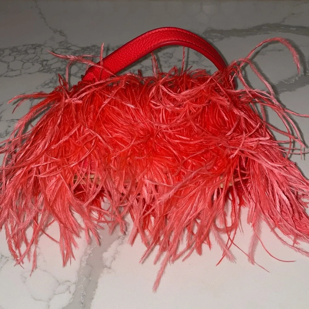 Ostrich Feather Clutch Purse Pink Coral Bag Evening Purse Wedding Dust Bag - Picture 3 of 15